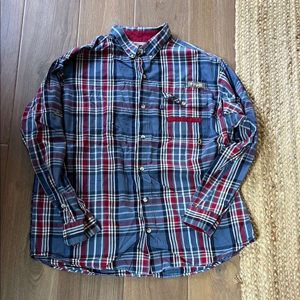Columbia Men's Navy and Burgundy Plaid Shirt